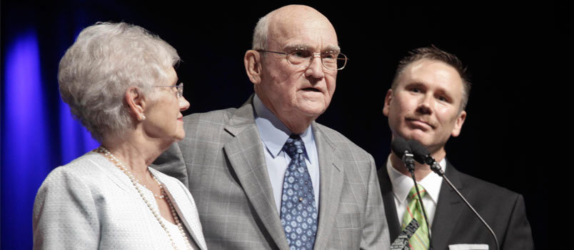 Sam Cathey, middle, and his wife, Lucille, were honored during the 2012 Pastors' Conference in New Orleans. Cathey, who helped organize more than 100 churches across the country and preached at more than 100 state and national conventions, died at his Oklahoma City home Tuesday, March 8. For years the Catheys were also members of Morningside Baptist Church in Valdosta. VAN PAYNE/Special