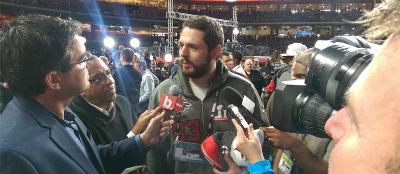 Atlanta Falcons' tight end Jacob Tamme talks to the media during Super Bowl Opening Night events Jan. 31 at Minute Maid Park in Houston. TIM ELLSWORTH/BP
