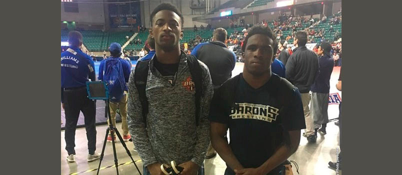 Freshmen Quentrivion Campbell, left, and Jordan Marshall, finished as All-Americans for Brewton-Parker at the NAIA Wrestling National Championshiops March 3-4. Entering as the 23rd-ranked squad in the country, the Barons would finish as No. 16. BPC ATHLETICS/Special