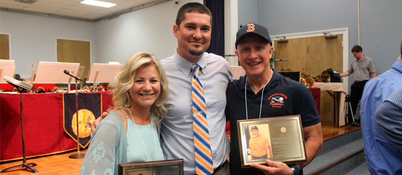 At left, Lyndsay Herrin, and Grady Brown, right, join Brewton-Parker athletic director Daniel Prevett at the recent BPC Athletic Hall of Fame induction. BPC/Special