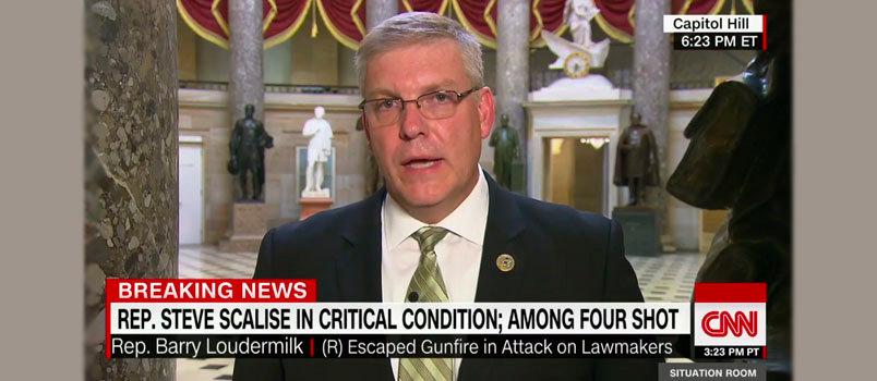 Speaking to CNN, Representative Barry Loudermilk (District 11, Cassville) explained that gunman James Hodgkinson turned his attention to the first base line dugout where Loudermilk and others sought cover shortly after opening fire Wednesday morning. By that time, said Loudermilk, he believes Hodgkinson thought Louisiana Representative Steve Scalise, who had been struck in the hip, was already dead. CNN screen grab