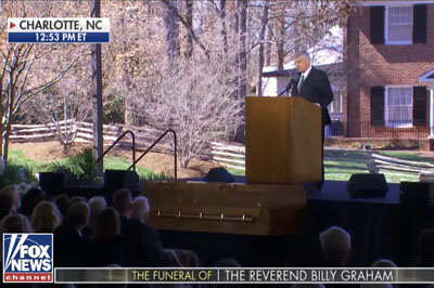 Evangelist Franklin Graham presents the eulogy of his famous father at the funeral aired on Fox News, but receiving little coverage elsewhere, notes Family Research Council President Tony Perkins. SCREEN GRAB/Fox News