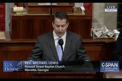 Michael Lewis, pastor of Roswell Street Baptist Church in Marietta, opens the U.S. House of Representatives in prayer March 20, 2018. Lewis was part of a 55-member group of pastors, businessmen, and civic leaders from Bartow, Cobb, and Cherokee counties at the invitation of Georgia's District 11 Representative Barry Loudermilk. SCREEN GRAB/C-SPAN