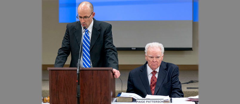 Southwestern Baptist Theological Seminary trustee chairman Kevin Ueckert, left, addresses trustees at a special called meeting at the Fort Worth, Texas, campus May 22. The board met to discuss the recent controversy surrounding seminary President Paige Patterson, right. ADAM COVINGTON/SWBTS