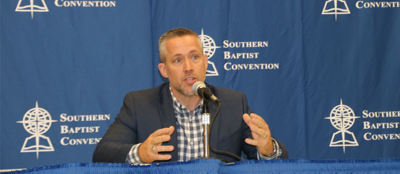 Southern Baptist Convention President J.D. Greear, 45, answers a question from a reportter shortly after being voted into his position by a 68.6% majority on June 12. SCOTT BARKLEY/Index