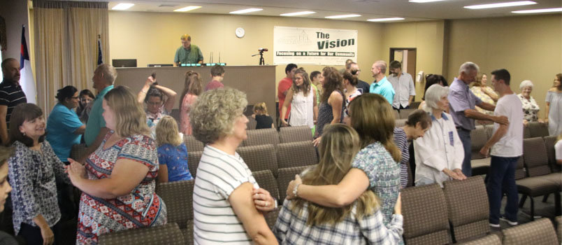 The crowd at Emmaus Baptist Church greet each other during the welcome time Aug. 19. Though with a Resaca address, many members live in south Whitfield County and the Dalton area. SCOTT BARKLEY/Index