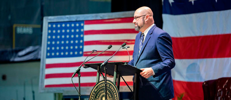 Truett McConnell University President Emir Caner speaks at the school's 2017 Faith and Freedom Celebration. TMU became the second college to end its professional relationship with Nike following the appearance of an ad featuring former NFL quarterback Colin Kaepernick. TMU/Special