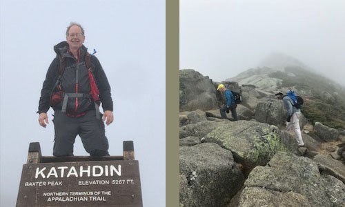 A group of Georgia Baptists section-hiked a part of the Appalachian Trail in September, ending at Mount Katahdin on the northernmost point of the trail. Minister and Georgia Baptist historian Charles Jones, standing at sign, finished the hike with Donnie Pickering, on left in the photo at right, and David Tolbert, both deacons at Beech Haven Baptist Church in Athens. CHARLES JONES/Special