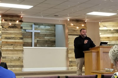 Pastor Richard McGinnis preaches at The Refuge Church in Silver Creek in Floyd County Sunday, Feb. 24. SCOTT BARKLEY/Index