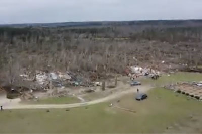 Drone footage shows damage from an EF-4 tornado that struck Lee County, Alabama on Sunday, March 3. SCREEN GRAB/CNN