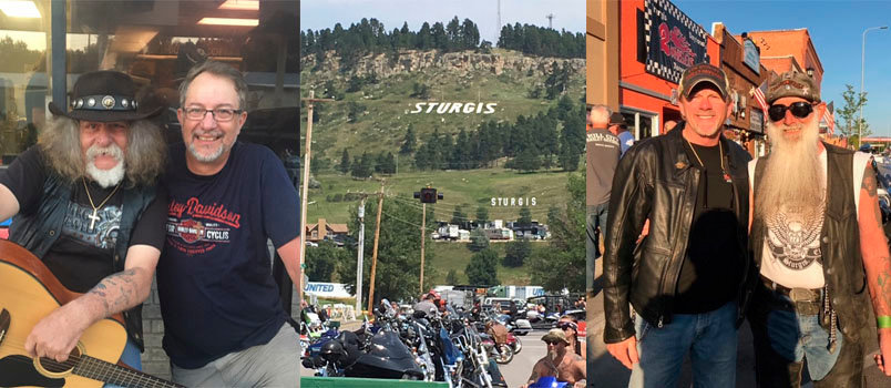 At left, Georgia Baptist state missionary Marcus Merritt gets a photo with Wolf, who once played harmonica with Lynyrd Skynyrd. At right Marty Youngblood talks with Sinner, one of numerous attendees at Sturgis Motorcycle Week who heard the gospel from Southern Baptists.