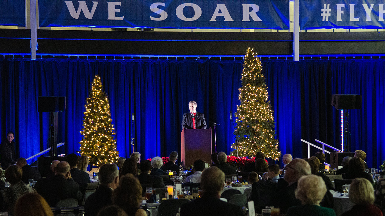 President Don Dowless speaks at last year's Christmas on the Hill. SHORTER UNIVERSITY