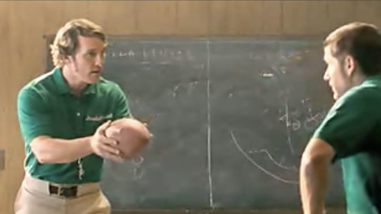 Jack Lengyl, portrayed by Matthew McConaughey, tries to find an offense that works for Marshall University alongside assistant coach Red Dawson, played by Matthew Fox. YouTube Screen grab/Warner Bros
