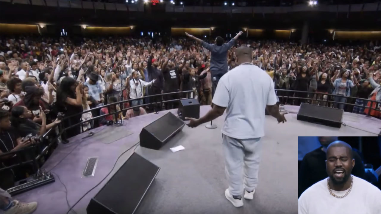 Kanye West, standing in back with white shirt and inset, helps lead worship during "Sunday Service" at New Birth Missionary Baptist Church in Atlanta on Sept. 15. YOUTUBE/Screen capture