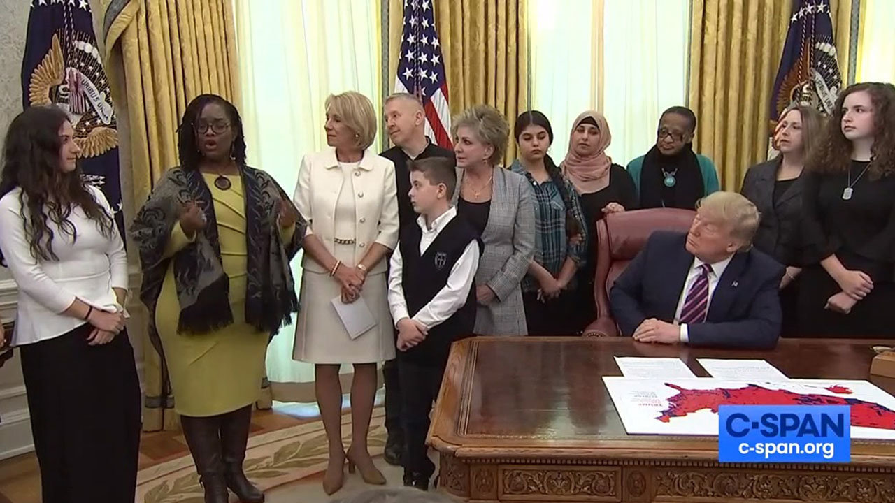 In observance of National Religious Freedom Day, President Donald Trump hosted a gathering Jan. 16 of students from different religions to affirm the right of students to pray in school. Screen capture from C-Span