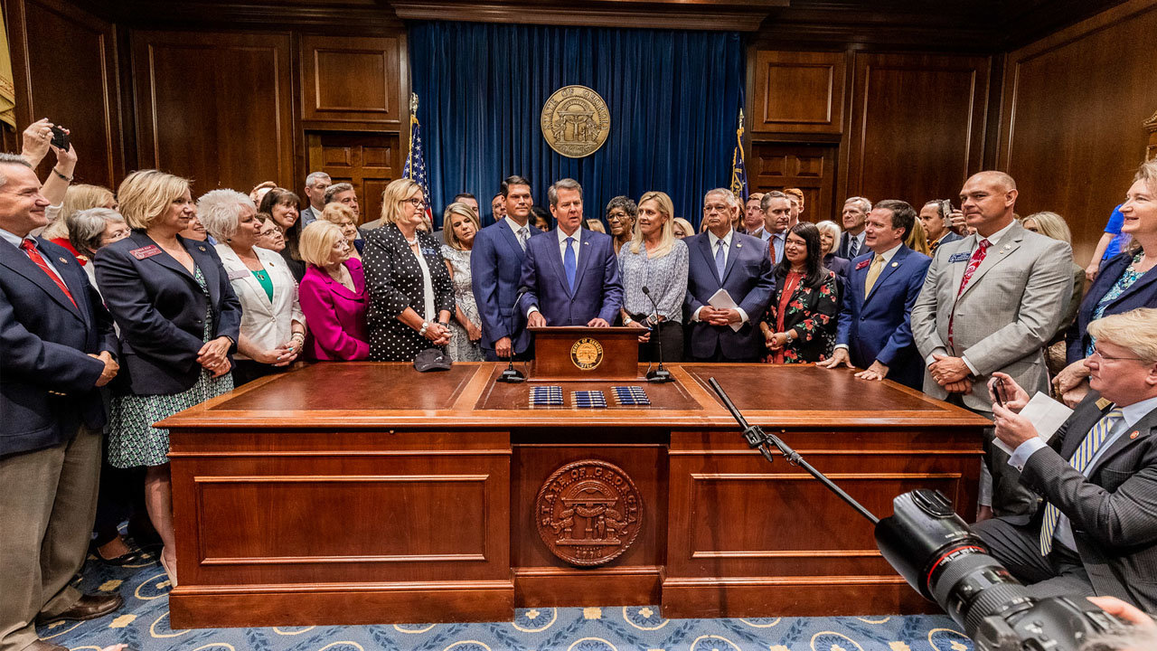 Georgia Governor Brian Kemp addresses the media and supporters prior to his signing of House Bill 481, the LIFE Act, which makes abortion after detecting a baby's heartbeat illegal. GOVERNOR'S OFFICE/Special