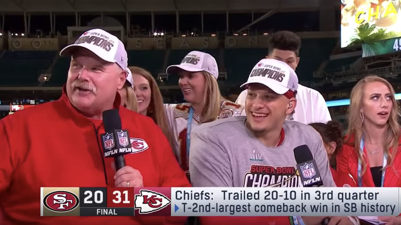 Andy Reid and Patrick Mahomes get an interview after their Super Bowl win. Screen grab from YouTube/NFL