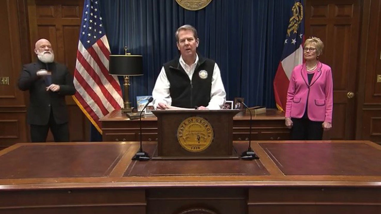 Governor Brian Kemp delivers an address on the current state of the coronavirus response in Georgia on Monday, March 23.
