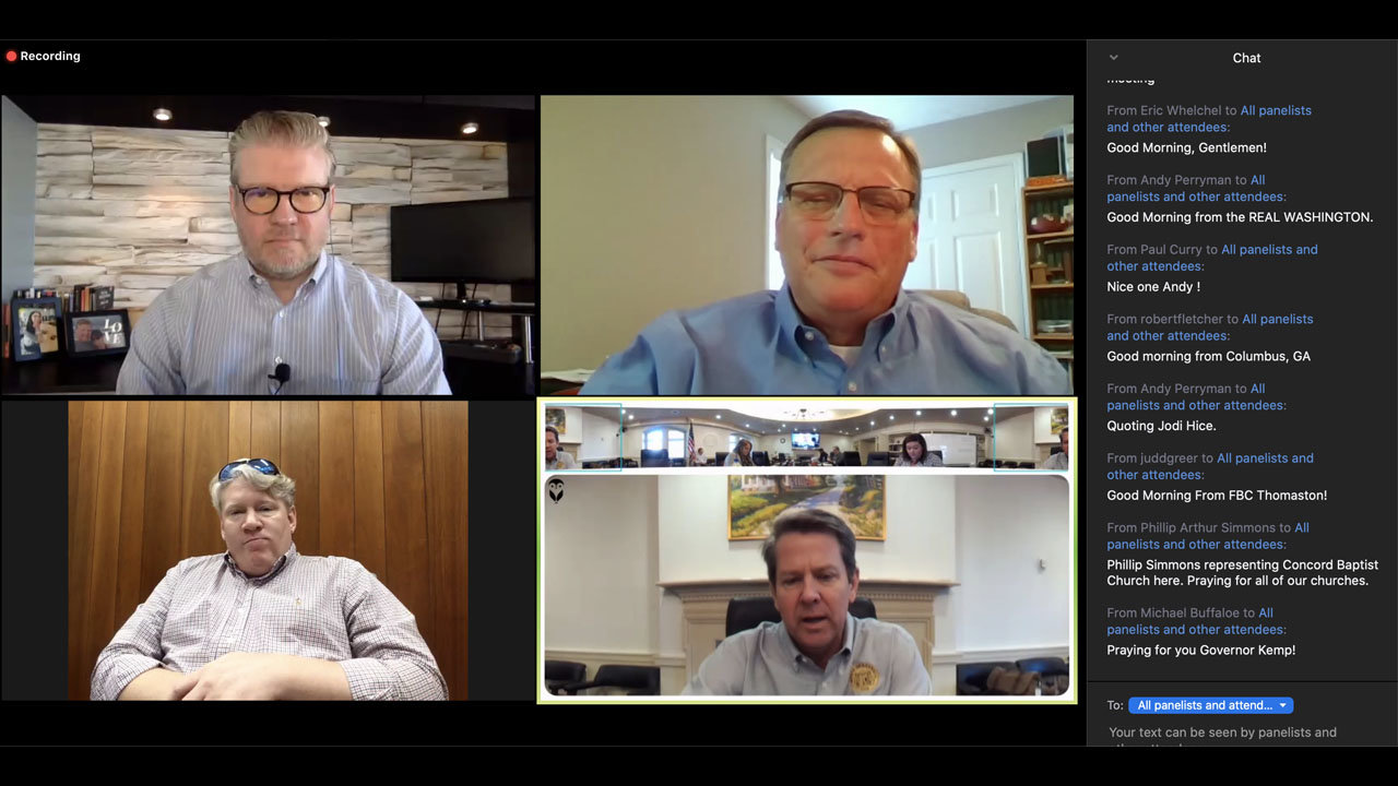 Georgia Governor Brian Kemp, bottom right, speaks with, clockwise from top left, Scott Smith, Mike Griffin, and Brad Hughes, while Georgia Baptist ministers add their comments in the chat during a webinar held this morning.
