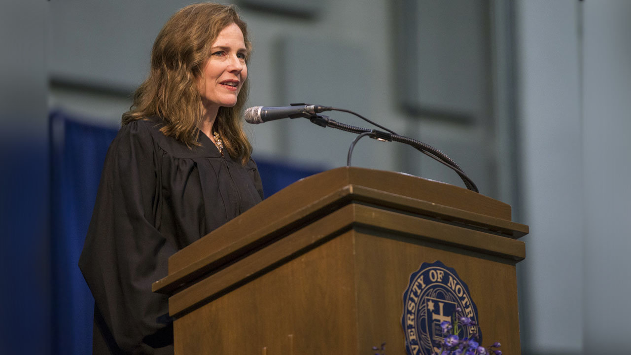 In this May 19, 2018, file photo, Amy Coney Barrett, United States Court of Appeals for the Seventh Circuit judge, speaks during the University of Notre Dame's Law School commencement ceremony at the university, in South Bend, Ind. Barrett, a front-runner to fill the Supreme Court seat vacated by the death of Justice Ruth Bader Ginsburg, has established herself as a reliable conservative on hot-button legal issues from abortion to gun control. Photo by Robert Franklin/South Bend Tribune via AP, File