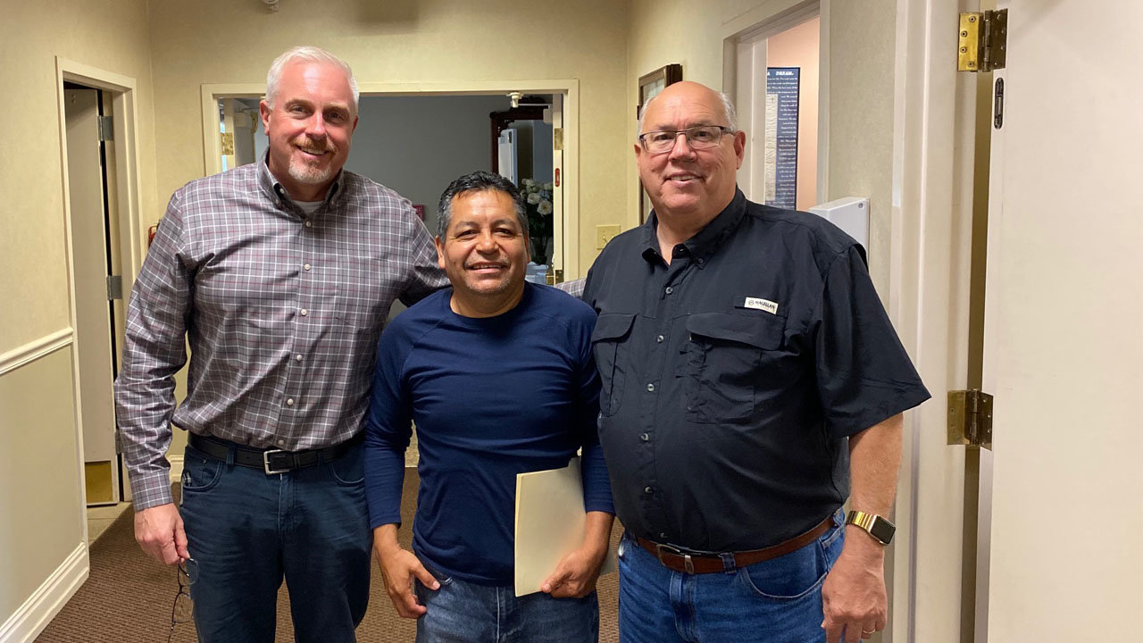 Jeff Gongwer, left, stands with Pastor Neftali Coronado and Dave Nelson, associational missions strategist of Kimball and Central Associations. Photo courtesy of Jeff Gongwer