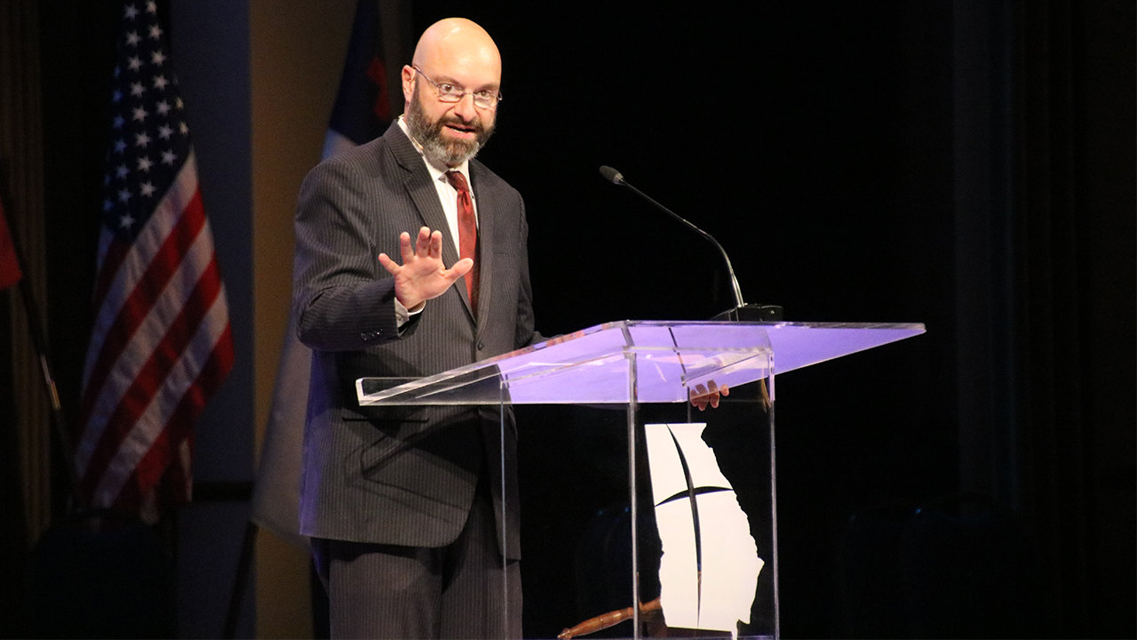 Emir Caner, president of Truett McConnell University, brings the Doctrinal Sermon at the 2020 Georgia Baptist Convention Annual Meeting. SCOTT BARKLEY/Index