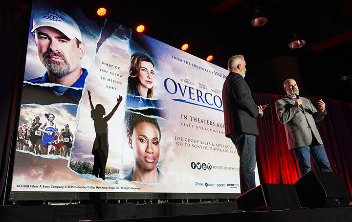 Alex Kendrick, right, and his brother, Stephen, explain the message of their newest film "Overcomer" prior to a private screening June 11 for attendees of the Southern Baptist Convention annual meeting at the Birmingham-Jefferson Convention Complex in Birmingham, Alabama. MATT MILLER/BP