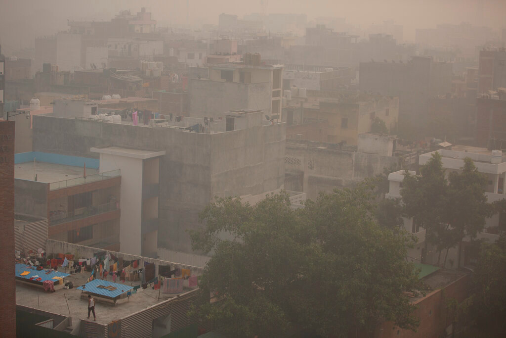 Morning haze and smog envelops the skyline in New Delhi, India, Friday, Nov. 5, 2021. New Delhi's pollution crisis worsened on Sunday as air quality hit dangerous levels, a problem that rears its head every winter. (AP Photo/Altaf Qadri)