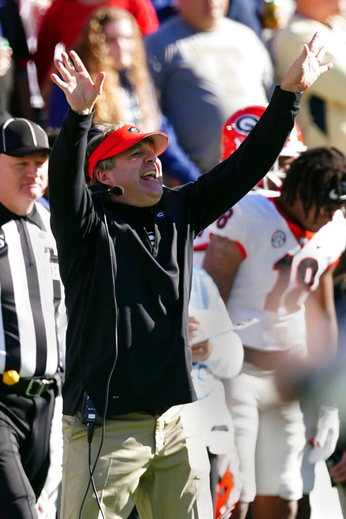 Georgia head coach Kirby Smart yells from the sideline in the second half of an NCAA college football game against Georgia Tech, Saturday, Nov. 27, 2021, in Atlanta. (AP Photo/John Bazemore)