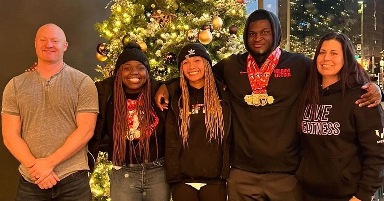 Members of the Brewton-Parker College Olympic weightlifting team, with their coaches, pose for a photo after winning medals in the North American Open finals last weekend. (Brewton-Parker photo)