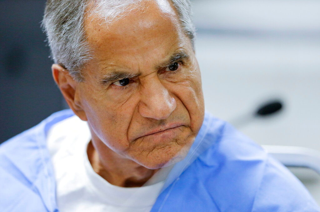 Sirhan Sirhan reacts during a parole hearing at the Richard J. Donovan Correctional Facility in San Diego on Feb. 10, 2016. California Gov. Gavin Newsom on Thursday, Jan. 13, 2022, rejected releasing Robert F. Kennedy assassin Sirhan Sirhan from prison more than a half-century after the 1968 slaying left a deep wound during one of America’s darkest times. (AP Photo/Gregory Bull, Pool, File)