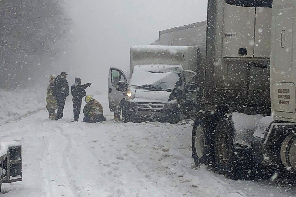 This image provided by Virginia State Police shows part of a multi-vehicle crash on Interstate 81 in Roanoke County, Sunday, Jan. 16, 2022. (Virginia State Police via AP)