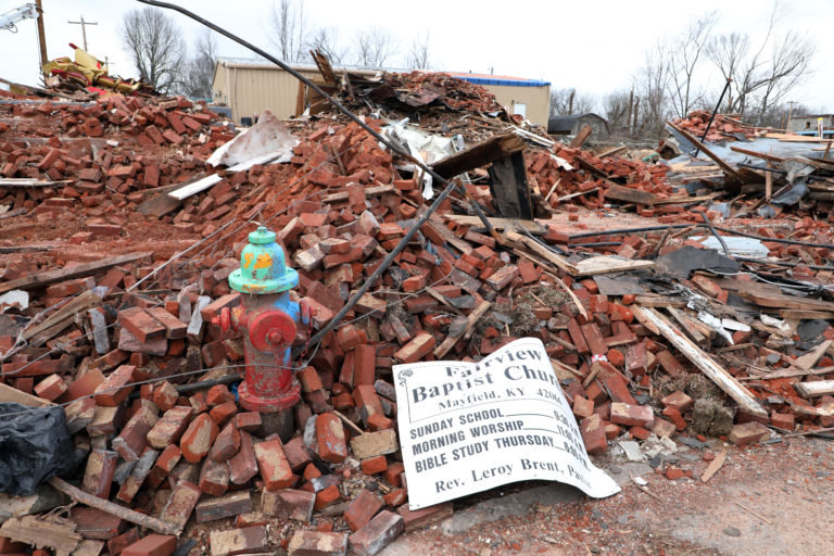 Bricks from Fairview Baptist in Mayfield, Ky. are pushed in a heap as the church’s building was completely destroyed after deadly tornadoes ripped through the rural community on Dec. 10.