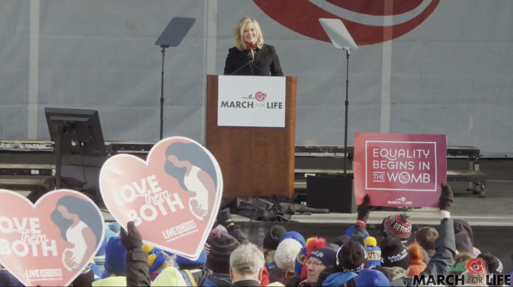 Jeanne Mancini, president of the March for Life Education and Defense Fund, speaks to the crowd at the 49th March for Life in Washington DC on January 21. (Facebook photo)