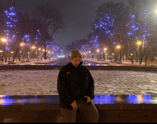 Columbus State University student John Walker poses amid a wintery landscape in the Ukraine.