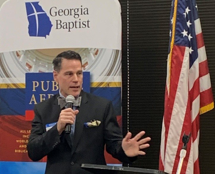 Former Army Ranger Jeff Struecker speaks to pastors and lawmakers at the Georgia state Capitol complex on Thursday.
