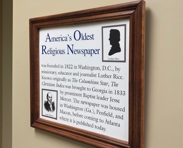 A framed commemoration of the birth of The Christian Index hangs on the wall of the newspaper's office.