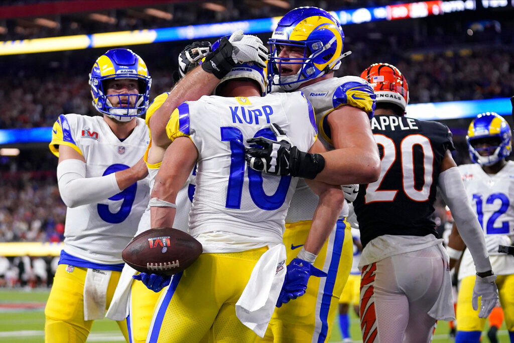 Los Angeles Rams wide receiver Cooper Kupp (10) is congratulated by teammates after scoring a touchdown against the Cincinnati Bengals during the second half of the NFL Super Bowl 56 football game Sunday, Feb. 13, 2022, in Inglewood, Calif. (AP Photo/Marcio Jose Sanchez)