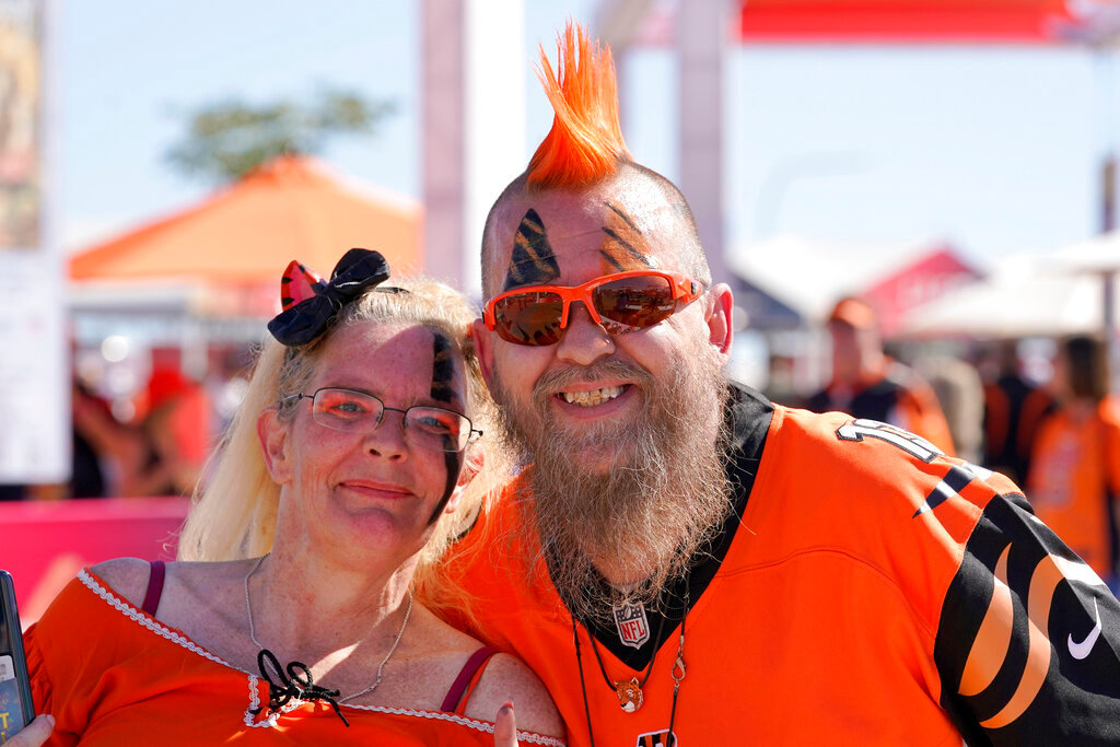 Cincinnati Bengals fans take pictures before the NFL Super Bowl 56 football game against the Los Angeles Rams Sunday, Feb. 13, 2022, in Inglewood, Calif. (AP Photo/Ted S. Warren)
