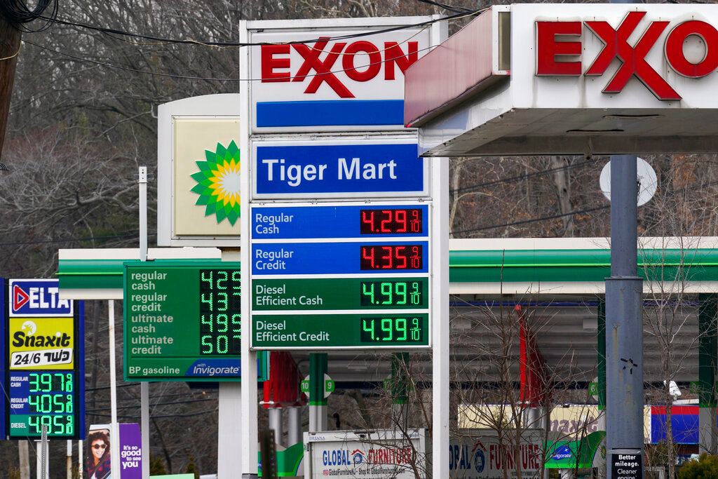 Gas prices are displayed at gas stations in Englewood, N.J., Monday, March 7, 2022. Gasoline prices rose overnight, pushing Monday's national average above $4.06 a gallon, the highest price American motorists have faced since July 2008, according to auto club AAA. (AP Photo/Seth Wenig)