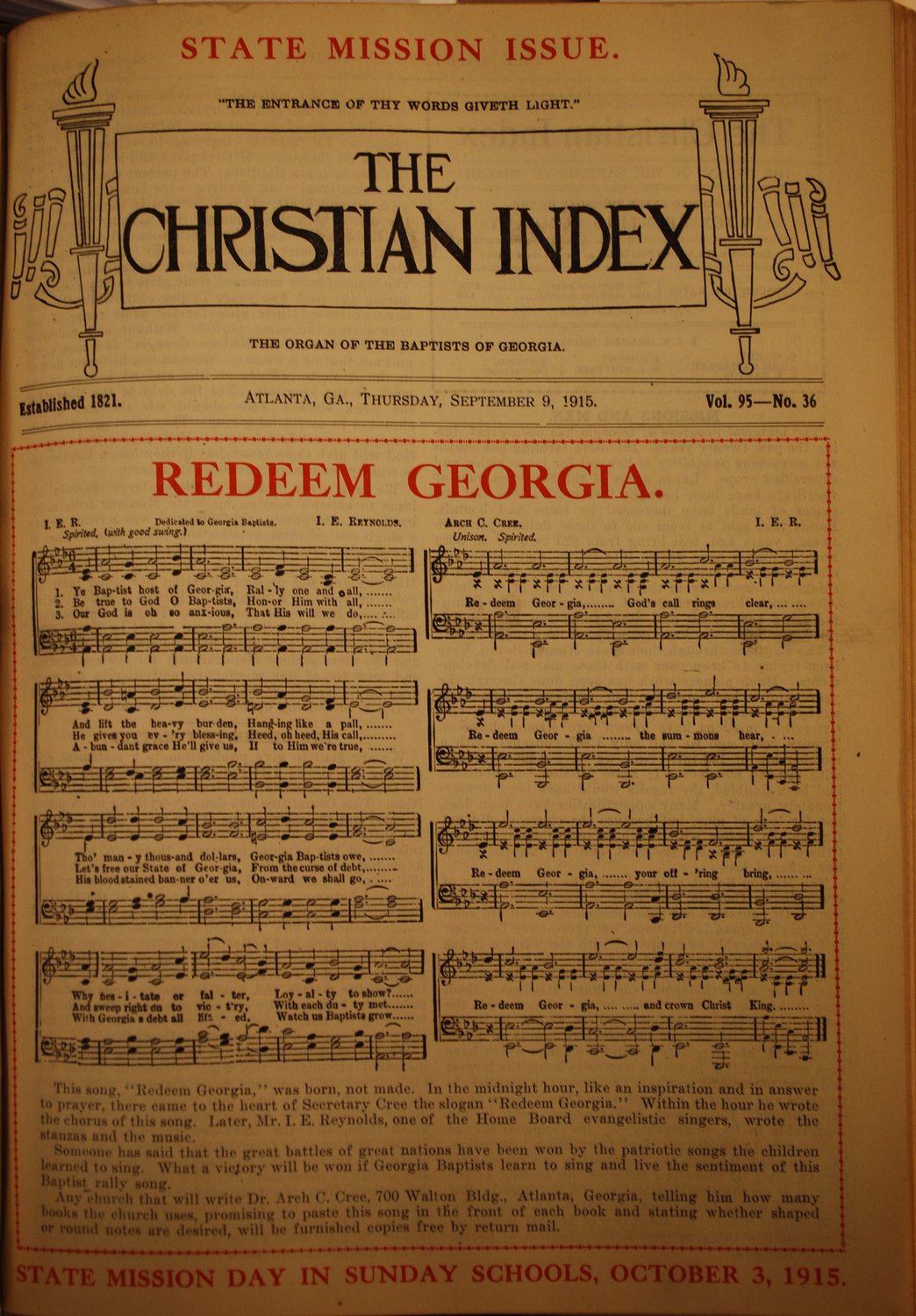 Arch Cree's slogan was Redeem Georgia, as depicted in an issue of The Christian Index.