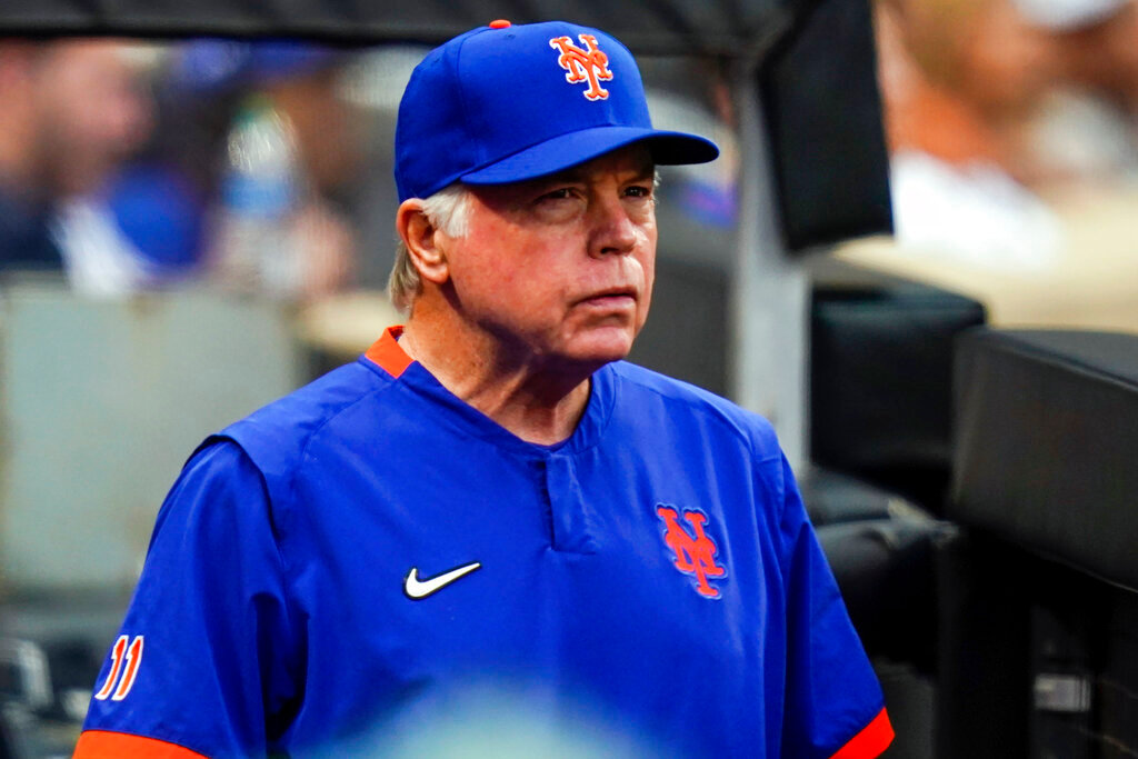 New York Mets manager Buck Showalter watches his team play during the eighth inning in the first game of a doubleheader against the Atlanta Braves Tuesday, May 3, 2022, in New York.  (AP Photo/Frank Franklin II)