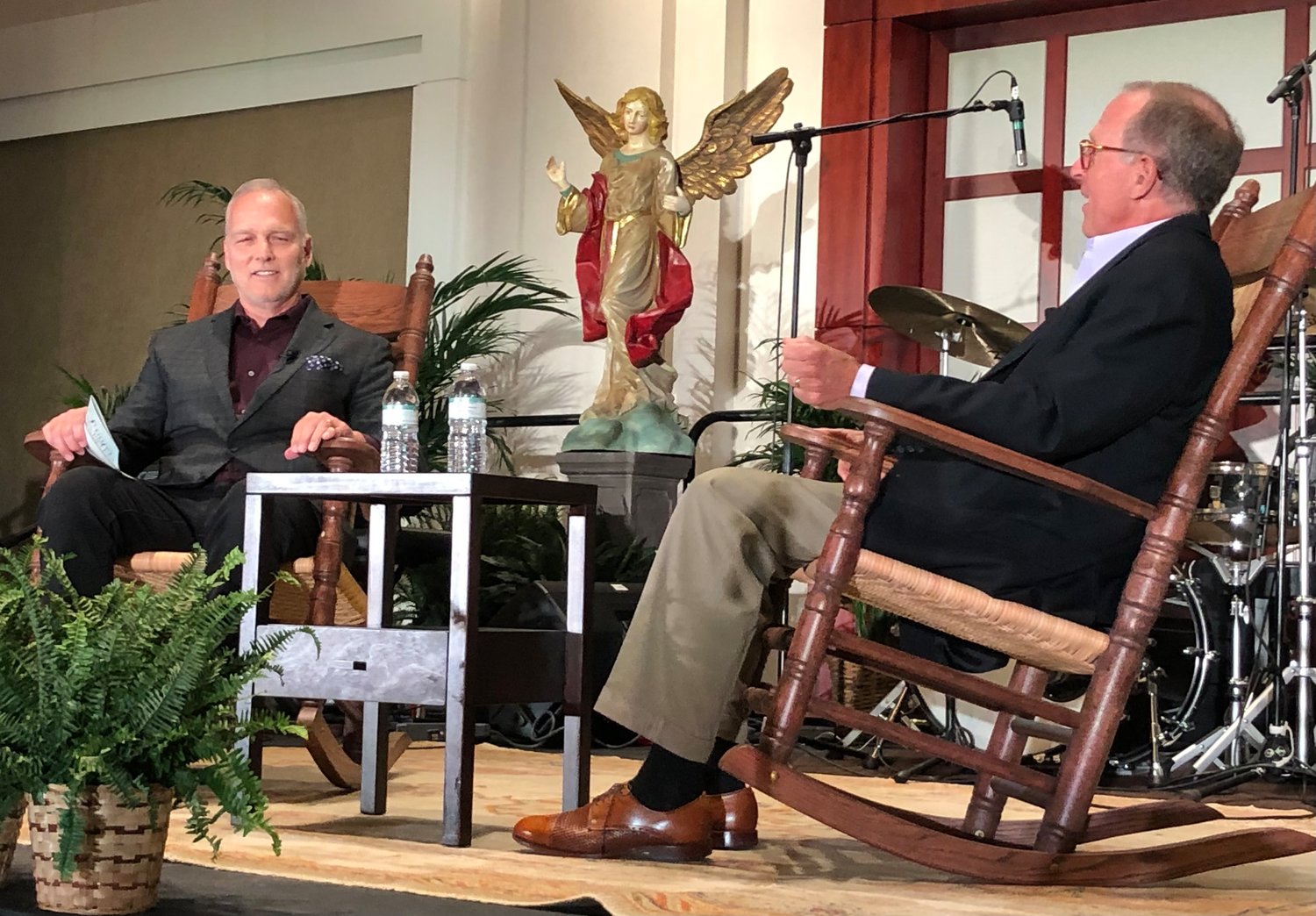 Former UGA Head Football Coach Mark Richt, left, answers questions posed by Bryant Wright during the Cobb County Prayer Breakfast on Thursday, May 5, 2022. (Photo/J. Gerald Harris)