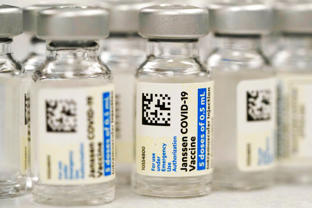 Vials of Johnson & Johnson COVID-19 vaccine at a pharmacy in Denver, March 6, 2021. U.S. regulators are strictly limiting who can receive Johnson & Johnson’s COVID-19 vaccine due to a rare but serious risk of blood clots. (AP Photo/David Zalubowski, File)