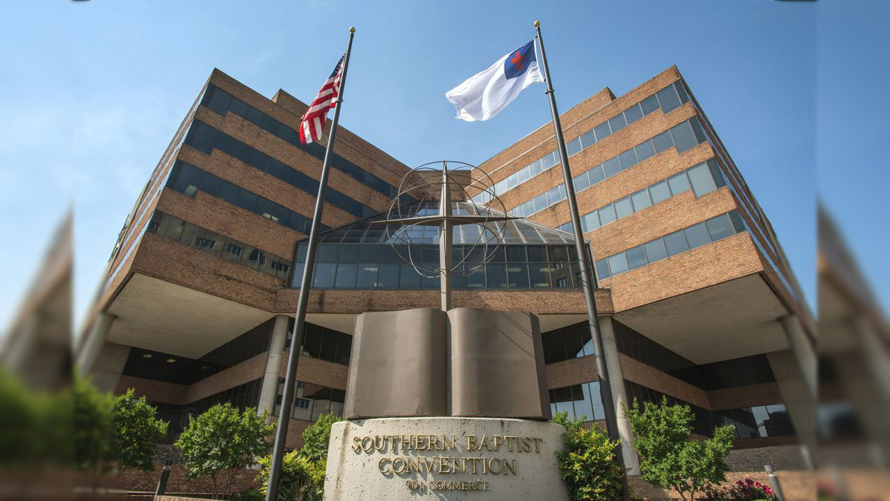 Flags float on a breeze outside the Southern Convention offices in Nashville.