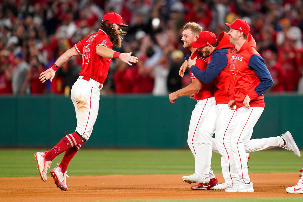Los Angeles Angels starting pitcher Reid Detmers (48) celebrates with teammates after throwing a no-hitter against the Tampa Bay Rays in a baseball game in Anaheim, Calif., Tuesday, May 10, 2022. The Angels won 12-0. (AP Photo/Ashley Landis)