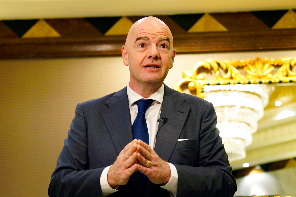 FIFA President Gianni Infantino speaks during an interview conducted with The Associated Press on March 29, 2022. (AP Photo/Lujain Jo, File)