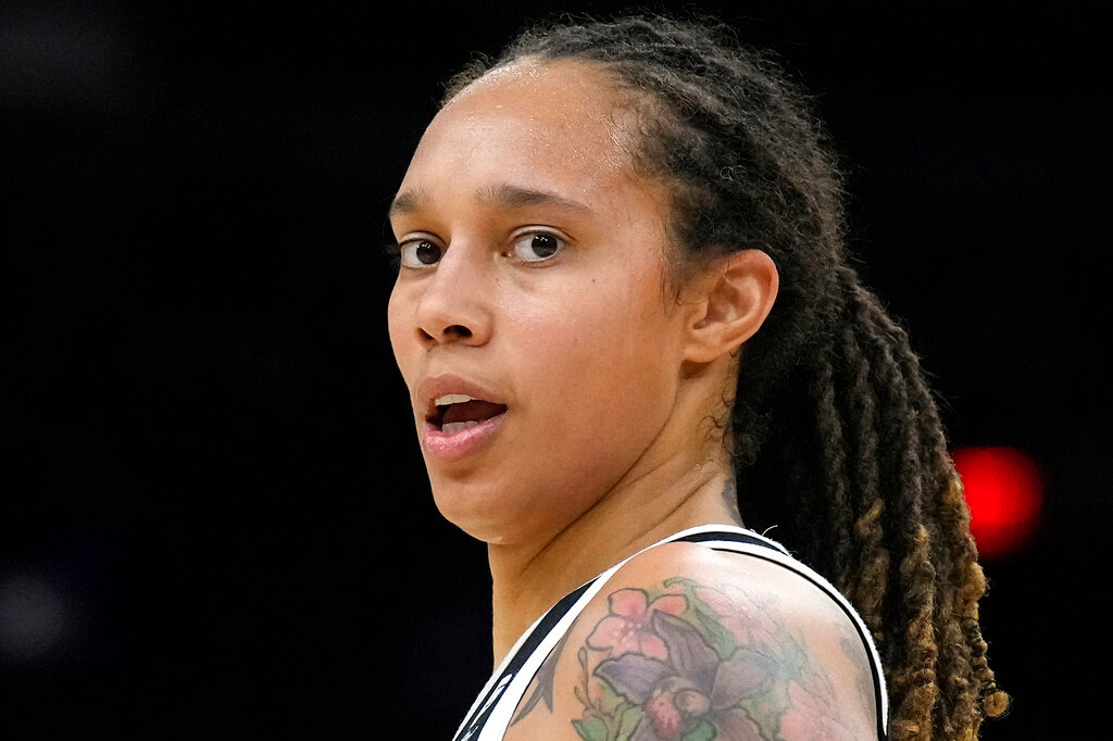 Phoenix Mercury center Brittney Griner plays in the WNBA Finals against the Chicago Sky, Oct. 13, 2021, in Phoenix. The lawyer for WNBA star Brittney Griner said Friday her pre-trial detention in Russia has been extended by one month. (AP Photo/Rick Scuteri, File)