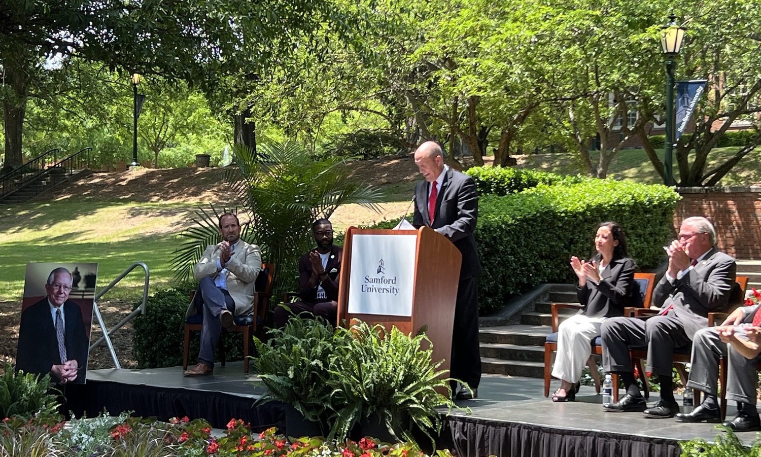 Samford University President Beck Taylor announces the historic $100 million gift from the estate of Marvin Mann during a May 12 press conference.