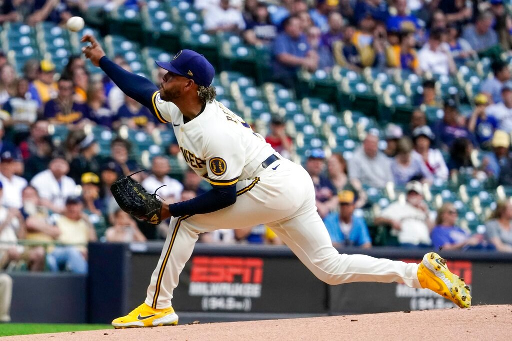 Milwaukee Brewers starting pitcher Freddy Peralta throws during the first inning against the Atlanta Braves, Monday, May 16, 2022, in Milwaukee. (AP Photo/Morry Gash)